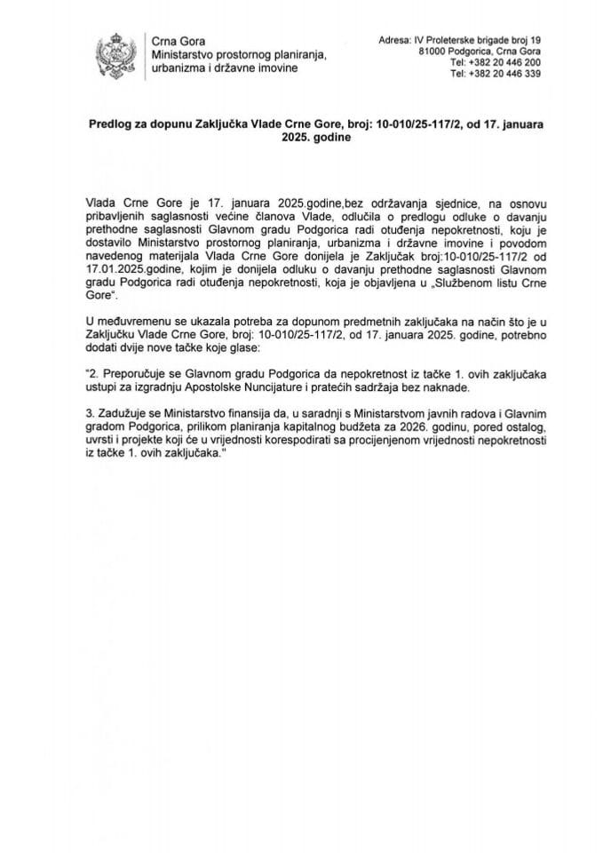 Predlog za dopunu Zaključka Vlade Crne Gore, broj: 10-010/25-117/2, od 17. januara 2025. godine