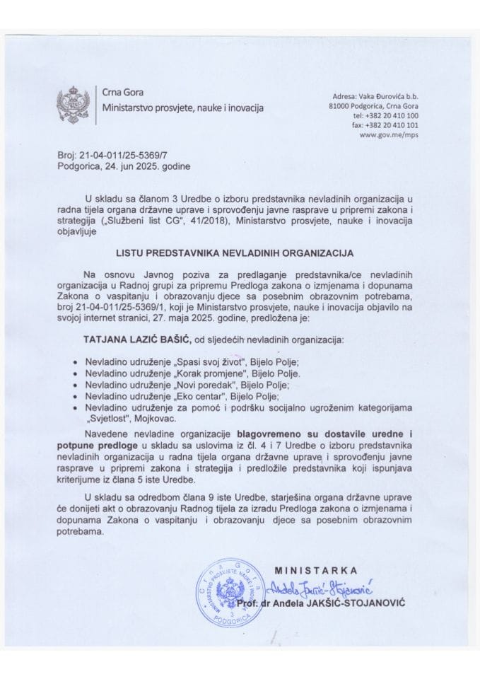 Lista predstavnika NVO - Zakon o vaspitanju i obrazovanju djece sa posebnim obrazovnim potrebama