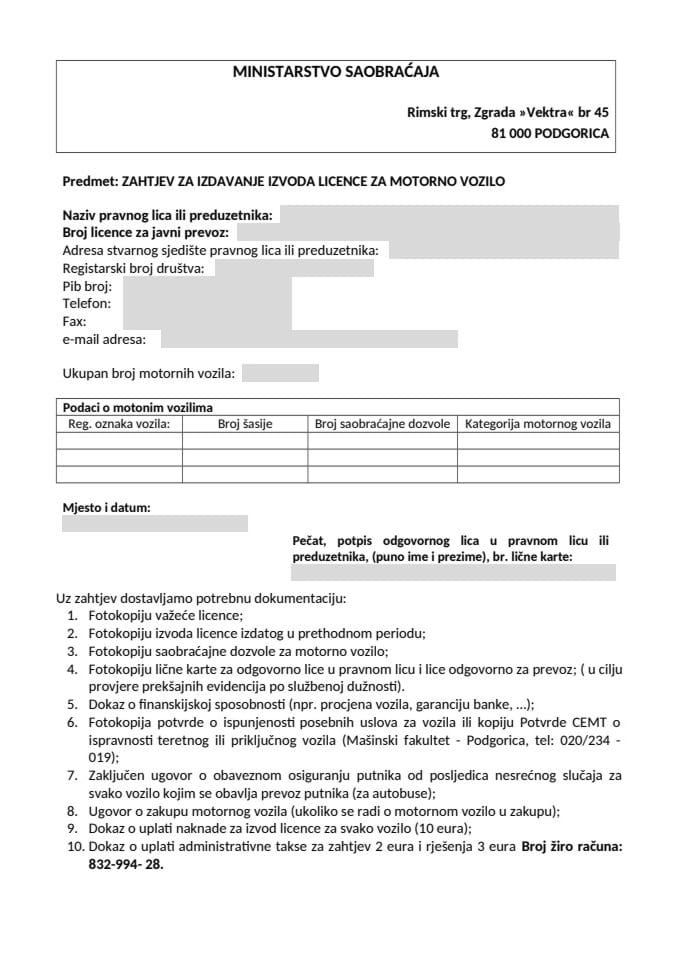 ZAHTJEV ZA IZDAVANJE IZVODA LICENCE ZA MOTORNO VOZILO