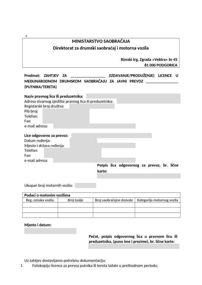 ZAHTJEV ZA IZDAVANJE LICENCE U MEĐUNARODNOM DRUMSKOM SAOBRAĆAJU ZA JAVNI PREVOZ