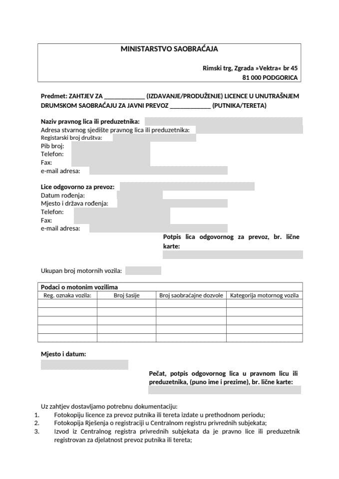 ZAHTJEV ZA IZDAVANJE LICENCE U UNUTRAŠNJEM DRUMSKOM SAOBRAĆAJU ZA JAVNI PREVOZ