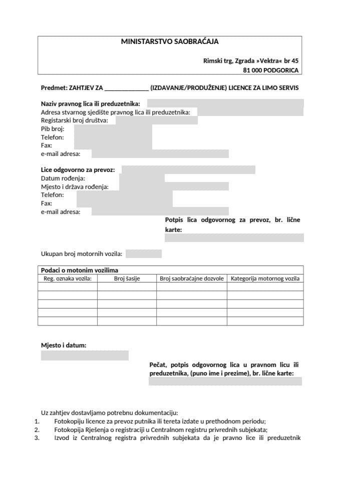 ZAHTJEV ZA IZDAVANJE LICENCE ZA LIMO SERVIS