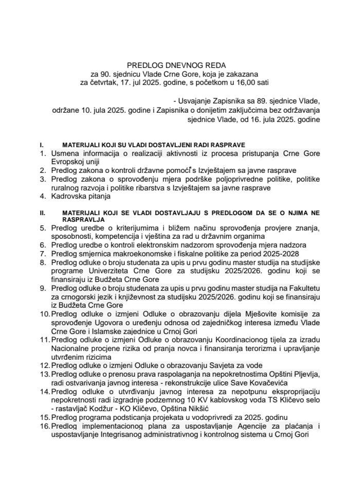 Предлог дневног реда за 90. сједницу Владе Црне Горе