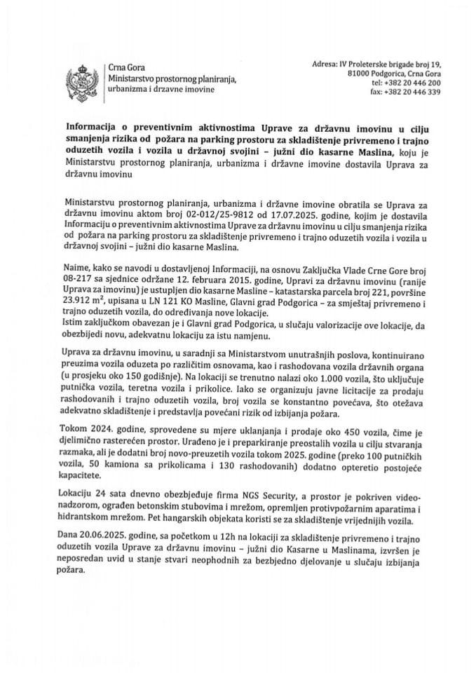 Информација о превентивним активностима Управе за државну имовину у циљу смањења ризика од пожара на паркинг простору за складиштење привремено и трајно одузетих возила и возила у државној својини - јужни дио касарне Маслина
