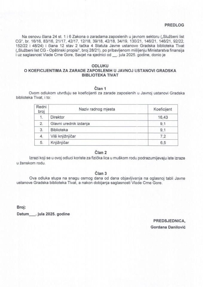 Предлог одлуке о коефицијентима за зараде запослених у Јавној установи Градска библиотека Тиват