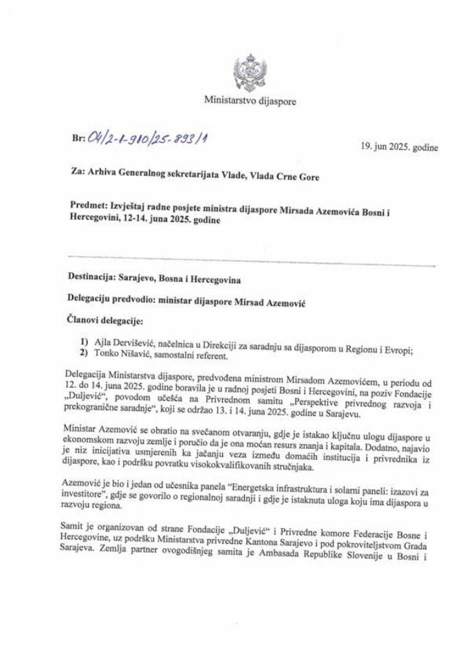 Извјештај о радној посјети министра дијаспоре Мирсада Аземовића Босни и Херцеговини, 12-14. јуна 2025. године