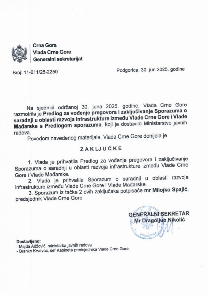 Предлог за вођење преговора и закључивање Споразума о сарадњи у области развоја инфраструктуре између Владе Црне Горе и Владе Мађарске с Предлогом споразума - Закључци