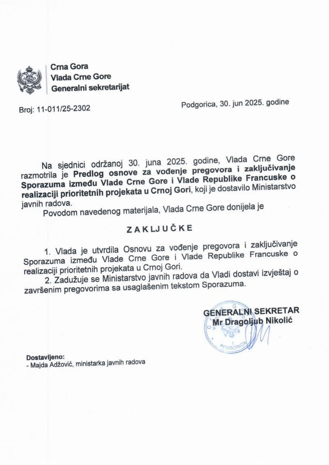 Predlog osnove za vođenje pregovora i zaključivanje Sporazuma između Vlade Crne Gore i Vlade Republike Francuske o realizaciji prioritetnih projekata u Crnoj Gori - Zaključći
