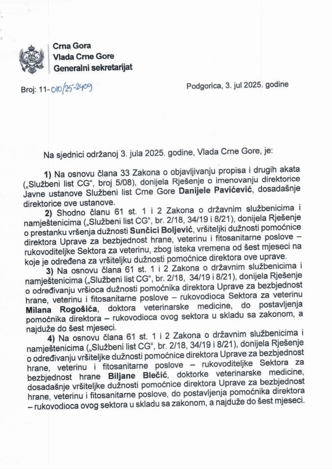 Kadrovska pitanja - 88. Sjednica Vlade - Zaključci