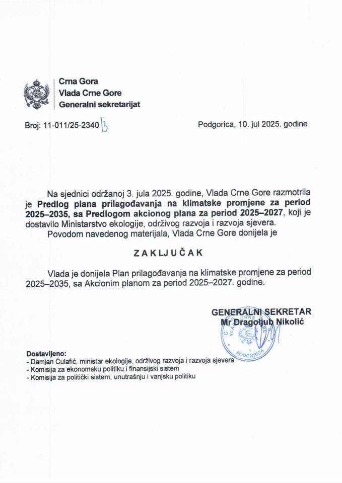 Predlog plana prilagođavanja na klimatske promjene za period 2025 – 2035 sa Predlogom akcionog plana za period 2025 – 2027 - Zaključci