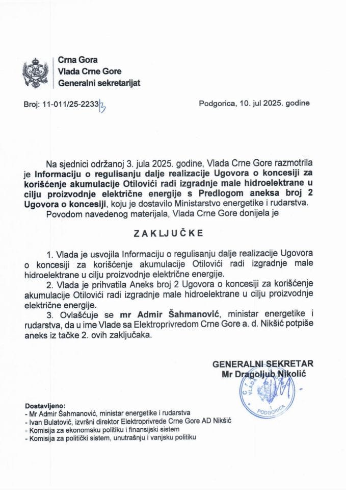 Informacija o regulisanju dalje realizacije Ugovora o koncesiji za korišćenje akumulacije Otilovići radi izgradnje male hidroelektrane u cilju proizvodnje električne energije s Predlogom aneksa broj 2 Ugovora o koncesiji - Zaključci