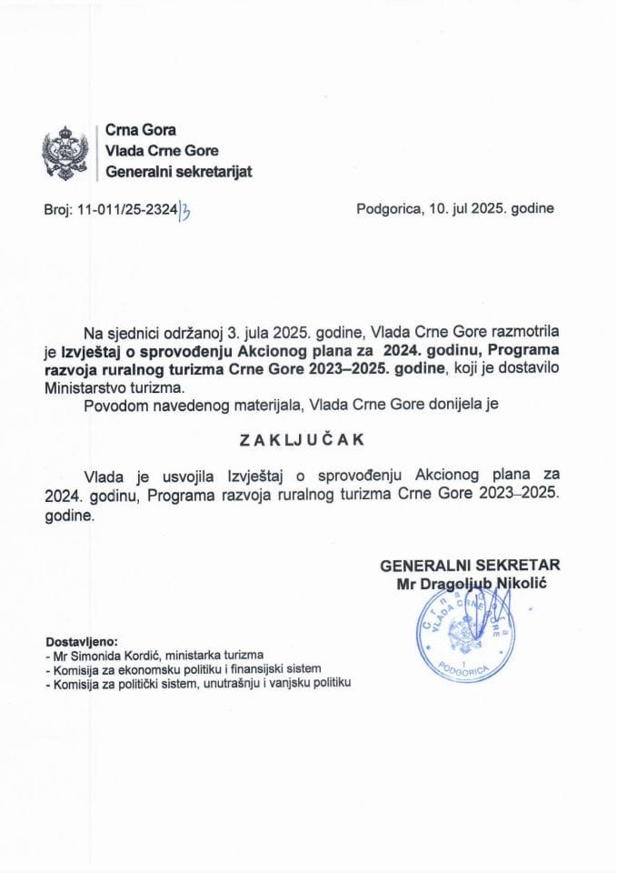 Izvještaj o sprovođenju Akcionog plana za 2024. godinu Programa razvoja ruralnog turizma Crne Gore 2023-2025. godine - Zaključci