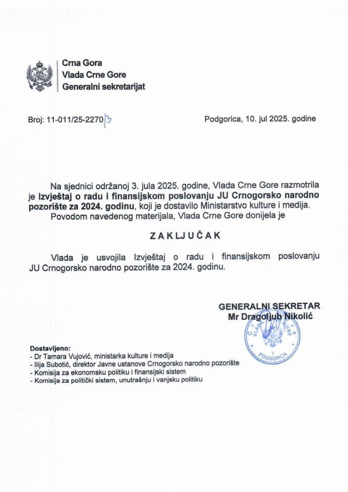 Izvještaj o radu i finansijskom poslovanju JU Crnogorsko narodno pozorište za 2024. godinu - Zaključci