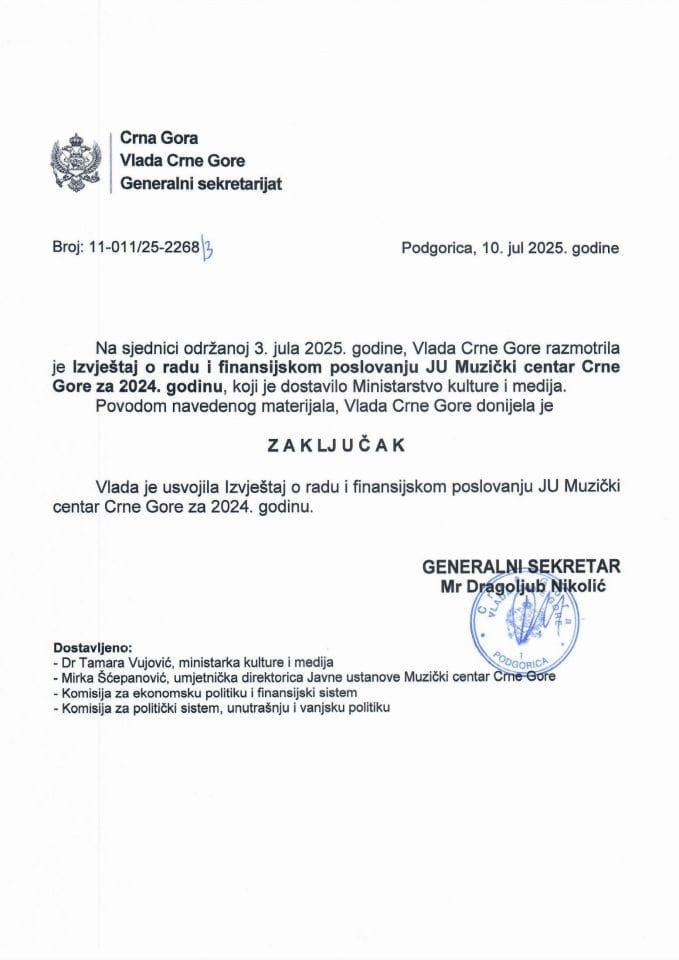 Izvještaj o radu i finansijskom poslovanju JU Muzički centar Crne Gore za 2024. godinu - Zaključci