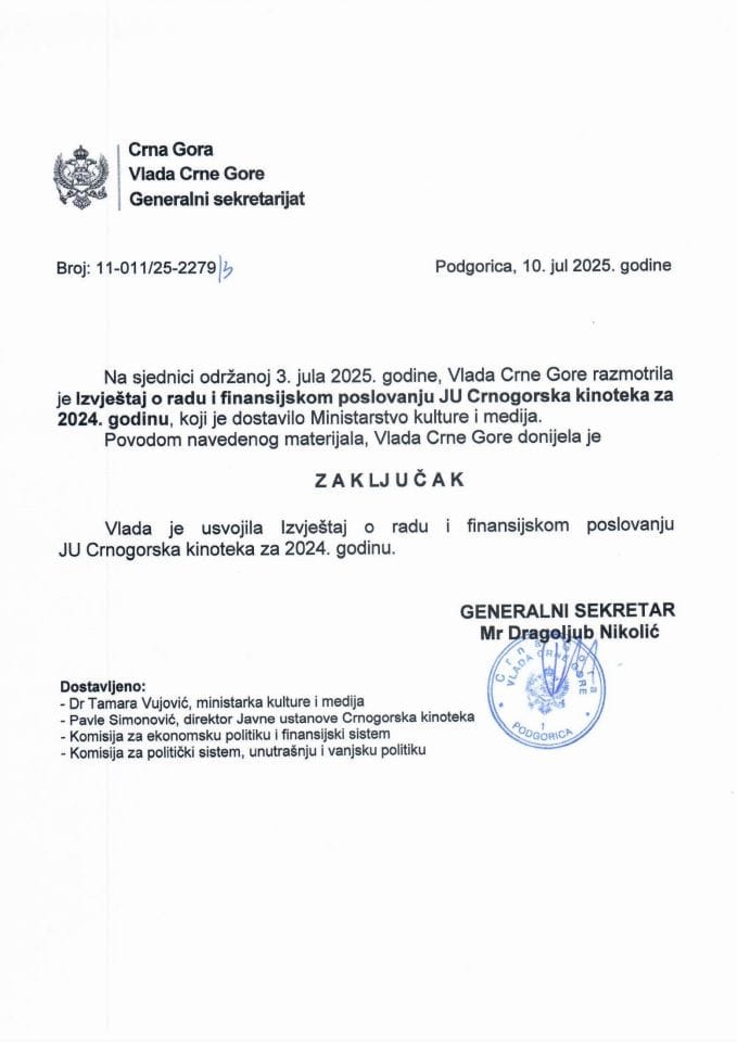 Izvještaj o radu i finansijskom poslovanju JU Crnogorska kinoteka za 2024. godinu - Zaključci