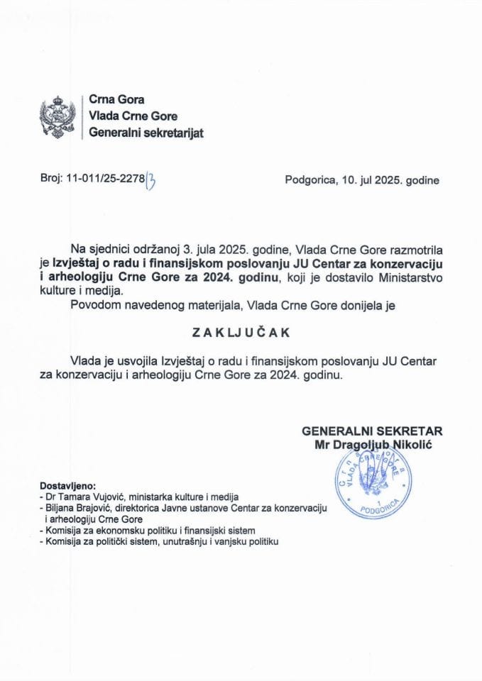 Izvještaj o radu i finansijskom poslovanju JU Centar za konzervaciju i arheologiju Crne Gore za 2024. godinu - Zaključci