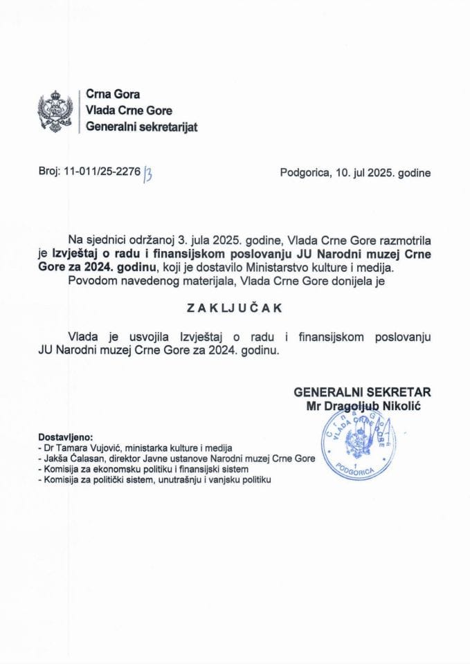 Izvještaj o radu i finansijskom poslovanju JU Narodni muzej Crne Gore za 2024. godinu - Zaključci