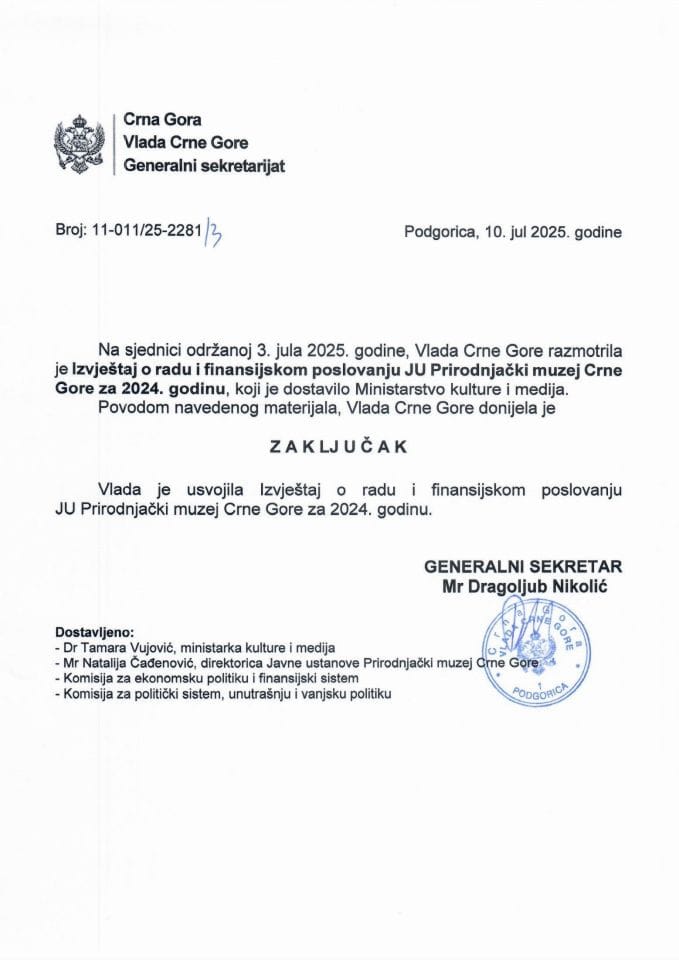 Izvještaj o radu i finansijskom poslovanju JU Prirodnjački muzej Crne Gore za 2024. godinu - Zaključak