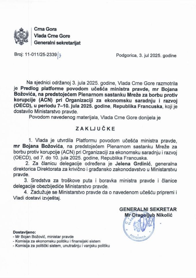 Predlog platforme povodom učešća ministra pravde mr Bojana Božovića na predstojećem Plenarnom sastanku Mreže za borbu protiv korupcije i Organizaciji za ekonomsku saradnju i razvoj, u periodu 7-10. jul 2025. godine, Republika Francuska - Zaključci
