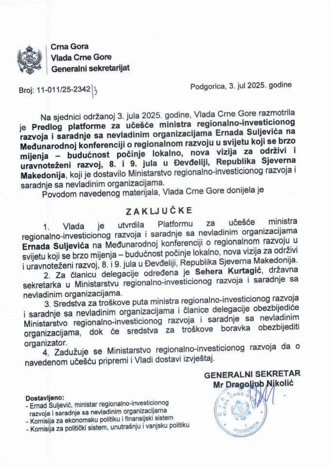 Predlog platforme za učešće ministra regionalno-investicionog razvoja i saradnje sa nevladinim organizacijama Ernada Suljevića na Međunarodnoj konferenciji o regionalnom razvoju u svijetu koji se brzo mijenja - budućnost počinje lokalno - Zaključci