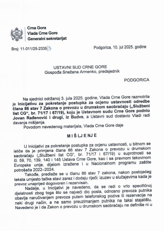 Predlog mišljenja na Inicijativu za pokretanje postupka za ocjenu ustavnosti odredbe člana 86 stav 7 Zakona o prevozu u drumskom saobraćaju („Službeni list CG“, br. 71/17 i 67/19), koju je podnio Jovan Rađenović i drugi, iz Budve - Zaključci