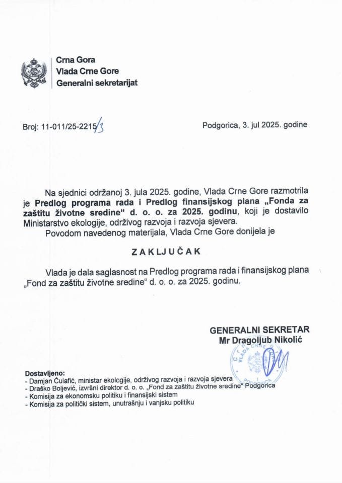 Predlog programa rada i Predlog finansijskog plana DOO „Fond za zaštitu životne sredine“ za 2025. godinu - Zaključci