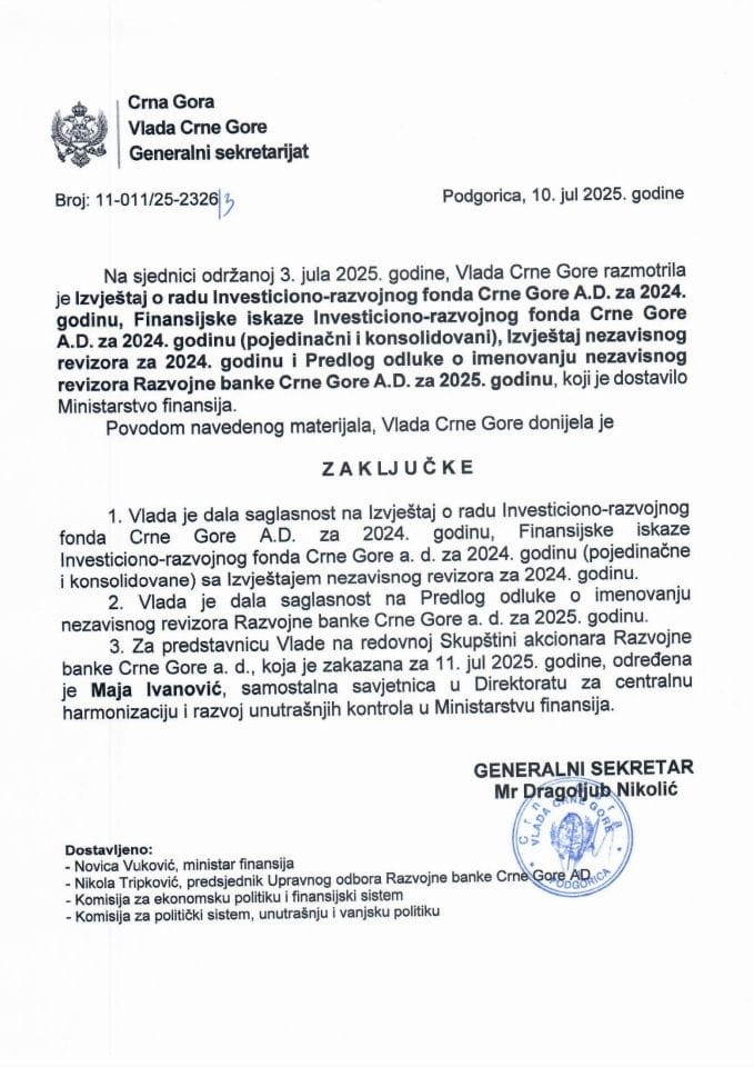 Izvještaj o radu Investiciono-razvojnog fonda Crne Gore A.D. za 2024. godinu, Finansijski iskazi Investiciono-razvojnog fonda Crne Gore A.D. za 2024. (pojedinačni i konsolidovani), Izvještaj nezavisnog revizora za 2024. godinu - Zaključci