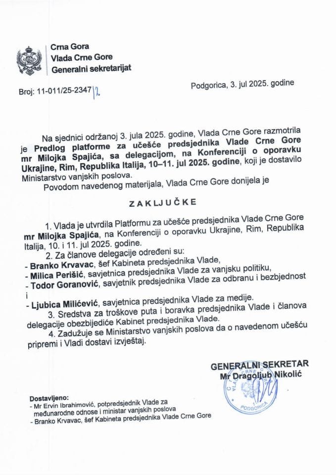 Predlog platforme za učešće predsjednika Vlade Crne Gore mr Milojka Spajića, sa delegacijom, na Konferenciji o oporavku Ukrajine, Rim, 10-11. jul 2025. godine - Zaključci