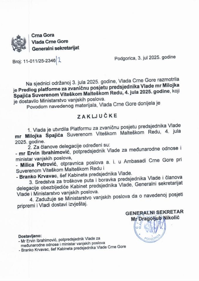 Predlog platforme za zvaničnu posjetu predsjednika Vlade mr Milojka Spajića Suverenom Viteškom Malteškom Redu, 4. jula 2025. godine - Zaključci