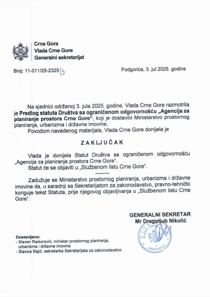 Predlog statuta Društva sa ograničenom odgovornošću "Agencija za planiranje prostora Crne Gore" - Zaključci