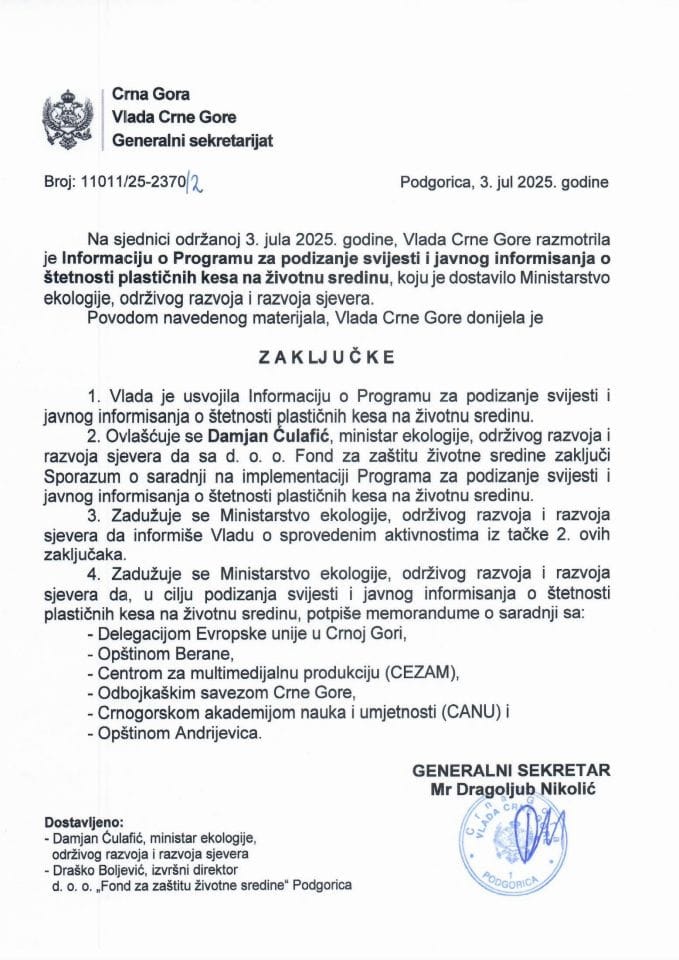 Informacija o Programu za podizanje svijesti i javnog informisanja o štetnosti plastičnih kesa na životnu sredinu - Zaključci