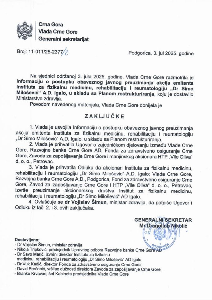 Informacija o postupku obaveznog javnog preuzimanja akcija emitenta Instituta za fizikalnu medicinu, rehabilitaciju i reumatologiju "Dr Simo Milošević" A.D. Igalo, u skladu sa Planom restrukturiranja s Predlogom ugovora i Predlogom odluke - Zaključci