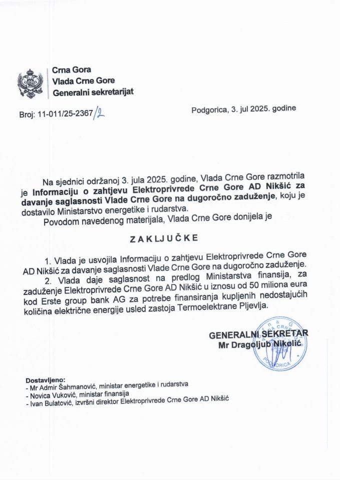 Informacija o zahtjevu Elektroprivrede Crne Gore AD Nikšić za davanje saglasnosti Vlade Crne Gore na dugoročno zaduženje - Zaključci