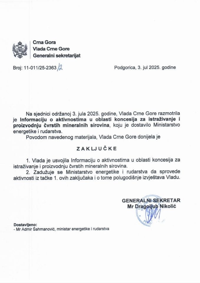 Informacija o aktivnostima u oblasti koncesija za istraživanje i proizvodnju čvrstih mineralnih sirovina- stanje jun 2025. godine - Zaključci