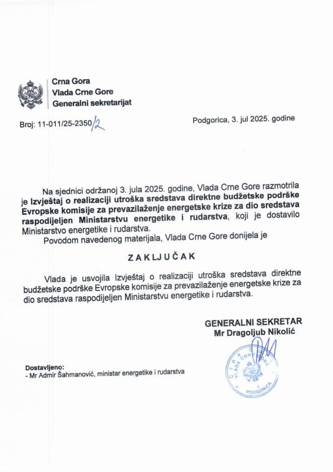 Izvještaj o realizaciji utroška sredstava direktne budžetske podrške Evropske komisije za prevazilaženje energetske krize za dio sredstava raspodijeljen Ministarstvu energetike i rudarstva - Zaključci