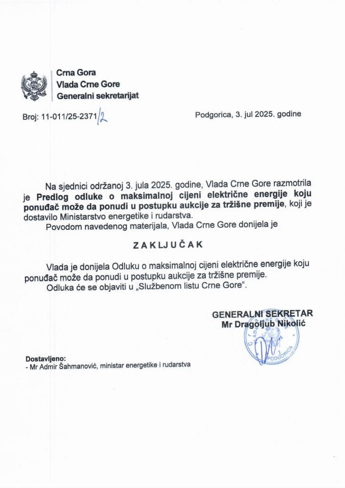 Predlog odluke o maksimalnoj cijeni električne energije koju ponuđač može da ponudi u postupku aukcije za tržišne premije - Zaključci