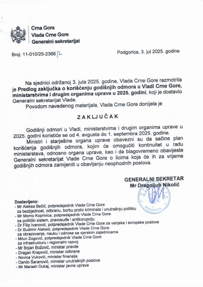 Predlog zaključka o korišćenju godišnjih odmora u Vladi Crne Gore, ministarstvima i drugim organima uprave u 2025. godini - Zaključci