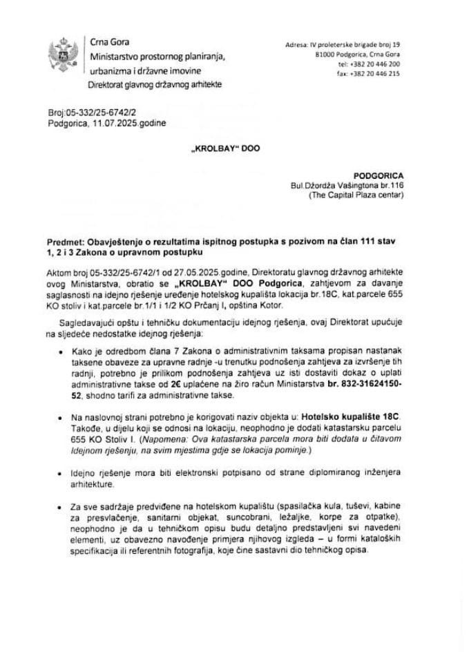 Obavještenja - Program privremenih objekata - 11.07.2025 Obavještenje -KROLBAY DOO, Podgorica  -Opština Kotor