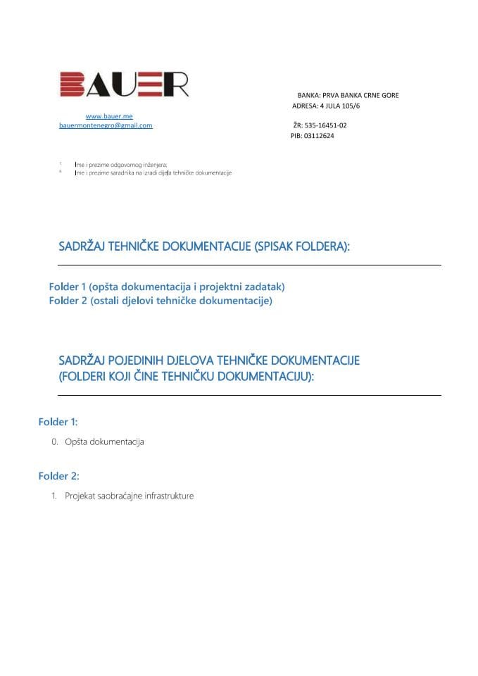 Техничка документација - Извођење радова на адаптацији пута Мокра - Широкар, Главни град Подгорица