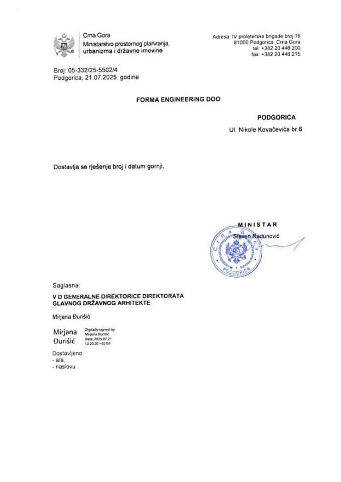 Rješenja glavnog državnog arhitekte - 21.07.2025 Rješenje -FORMA ENGINEERING DOO, Podgorica -Opština Kolašin