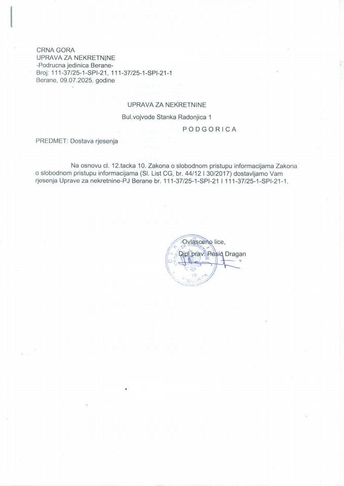 Rješenja o slobodnom pristupu informacijama  - 22.07.2025.