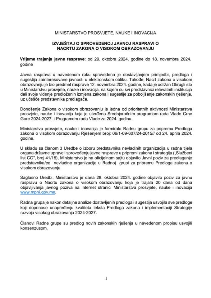 Izvještaj sa javne rasprave o Nacrtu zakona o visokom obrazovanju