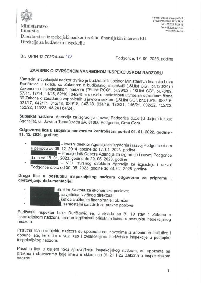 Записник о извршеном ванредном инспекцијском надзору у Агенцији за изградњу и развој Подгорице