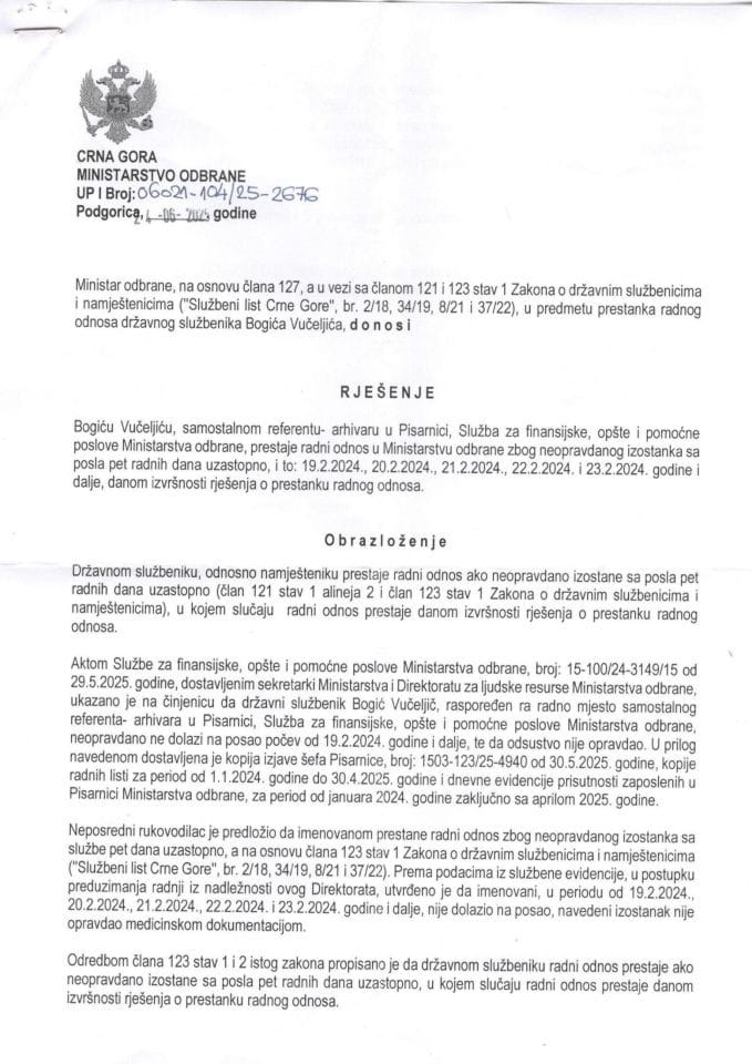 Rešenje o prestanku radnog odnosa Bogić Vučeljić