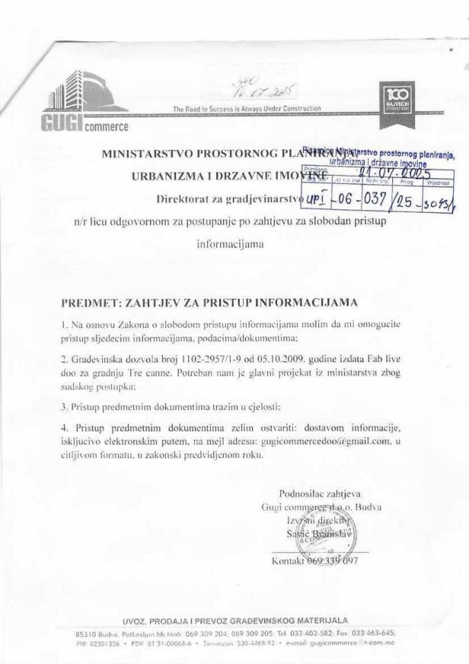 Zahtjevi - Slobodan pristup informacijama - UPI_06_037_25_3043_1 GUGI COMMERCE DOO BUDVA