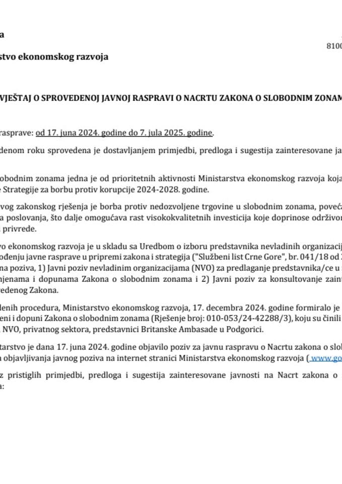Извјештај са Јавне расправе на Нацрт закона о слободним зонама-Табеларни приказ коментара