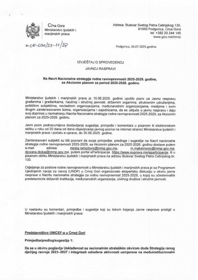 Izvještaj o spovedenoj javnoj raspravi na Nacrt Nacionalne strategije rodne ravnopravnosti 2025-2029. godine, sa Akcionim planom za period 2025-2026.