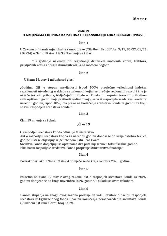 Nacrt zakona o izmjenama i dopunama Zakona o finansiranju lokalne samouprave