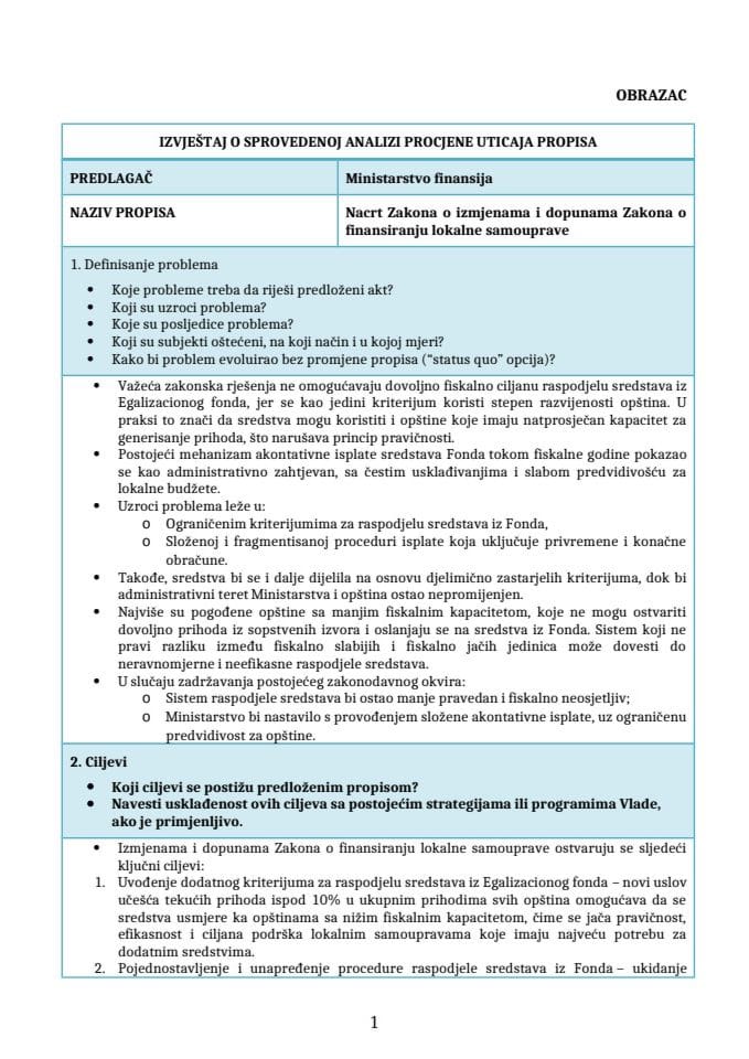 Izvještaj o sprovedenoj analizi procjene uticaja propisa (RIA)