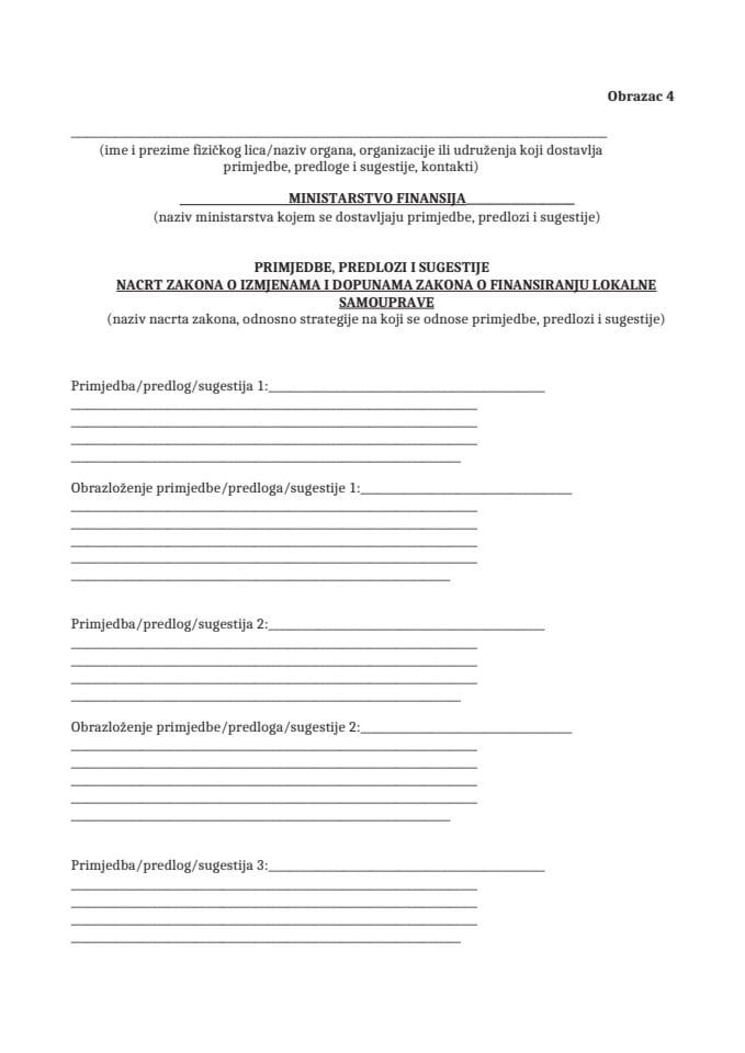 Obrazac za dostavljanje prijedloga, sugestija i komentara na Nacrt zakona